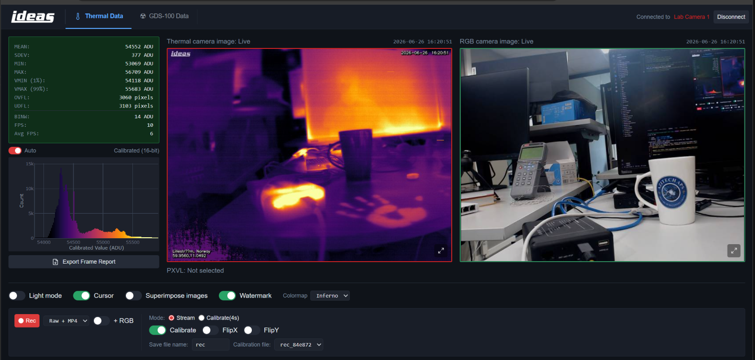 Web dashboard showing a live thermal image next to an RGB camera view with control panels