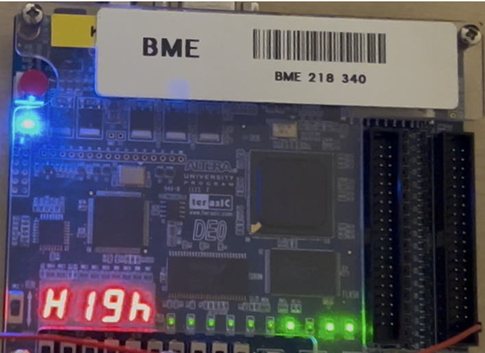 FPGA development board with seven-segment display showing High