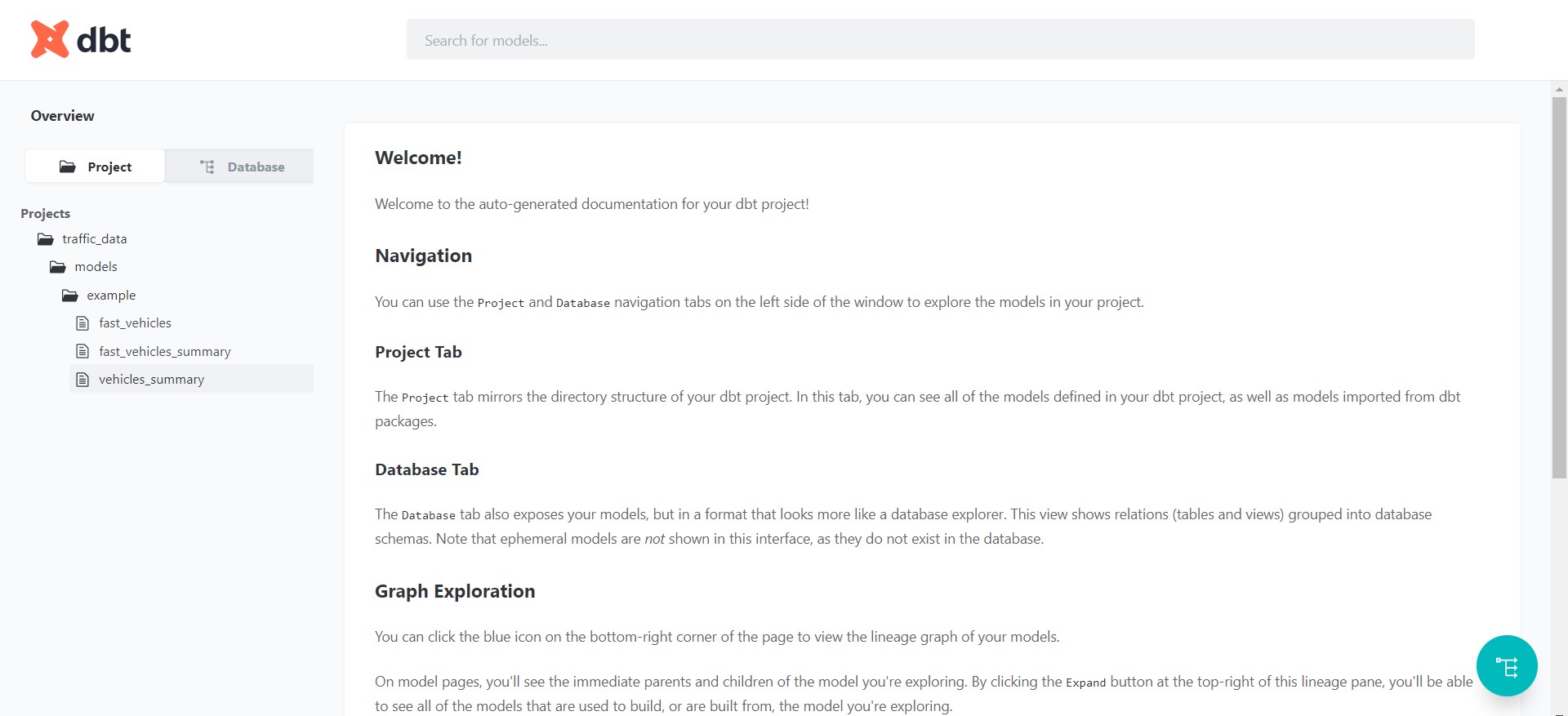 dbt docs site showing project models