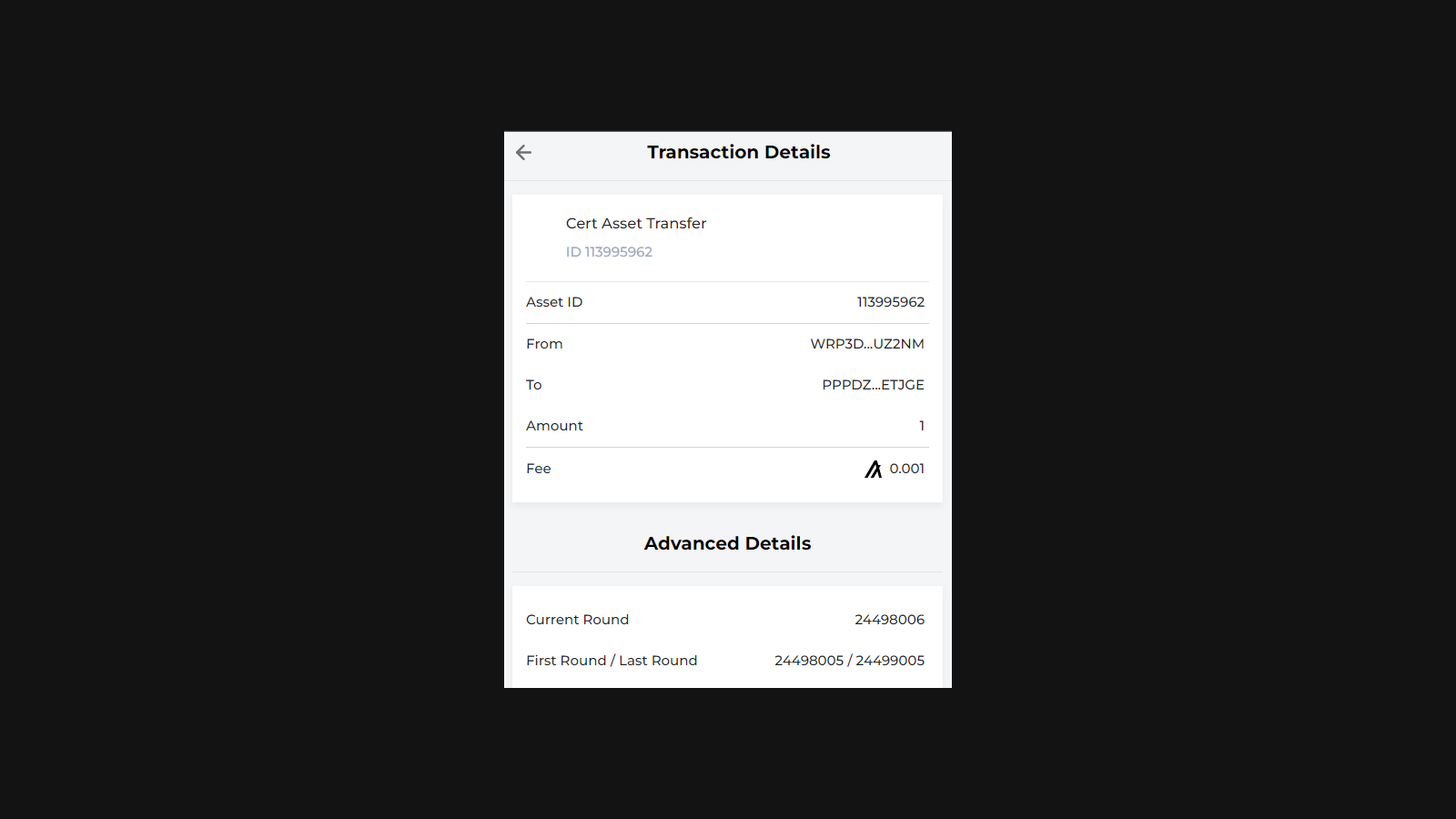Algorand transaction details of a certificate asset transfer